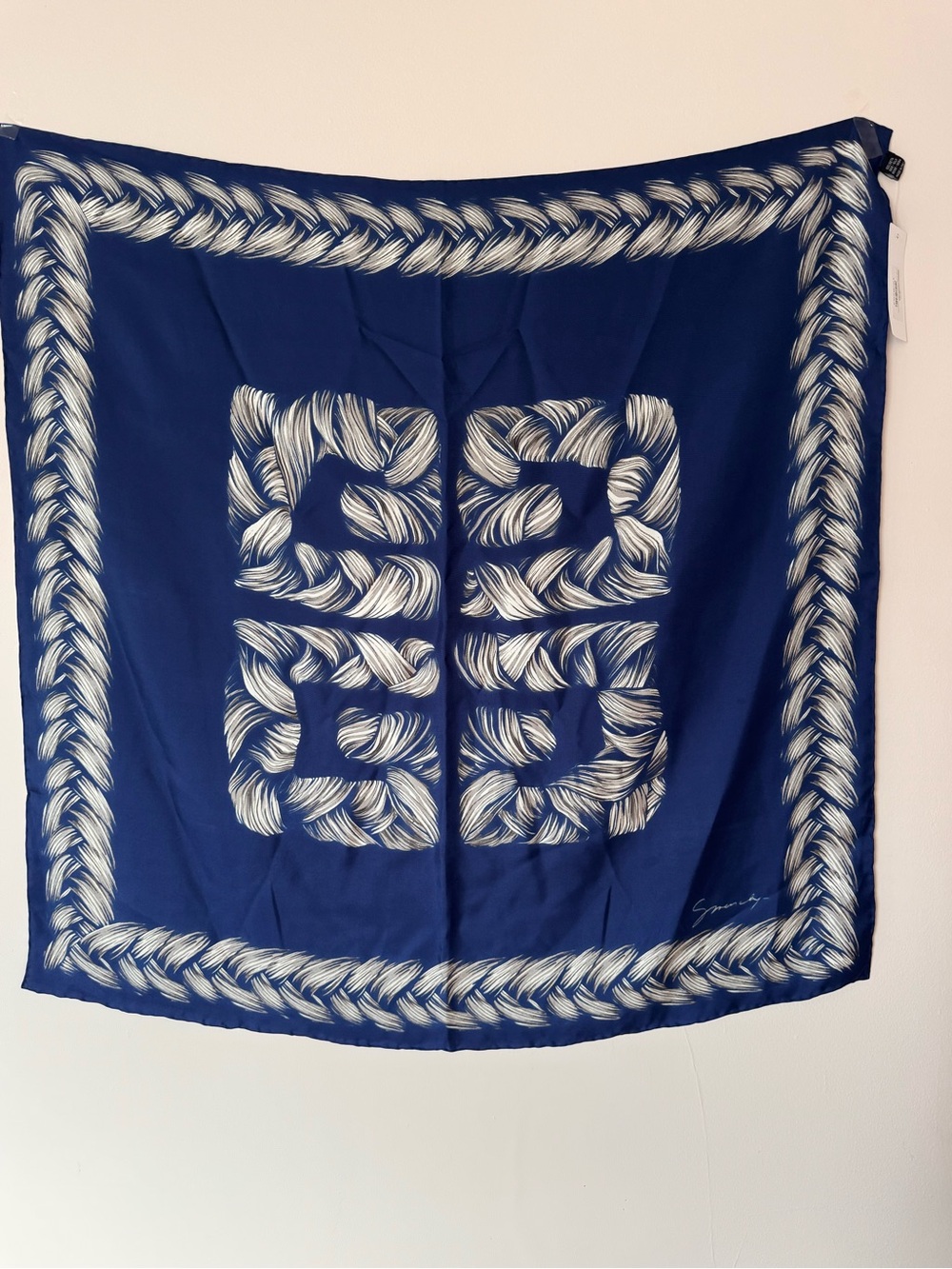 New authentic Givenchy Navy Blue and Cream Silk Scarf